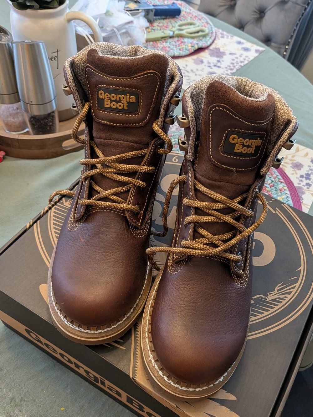 NEW Georgia Boot Kids Brown Leather Lace-Up Work Boots Men's Size 8